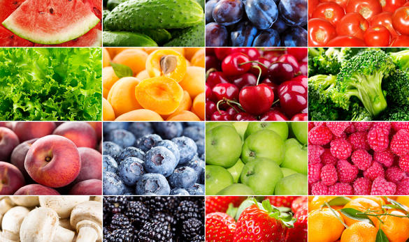 A grid of fresh fruit and vegetables